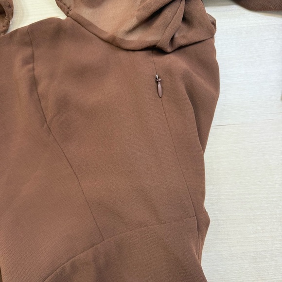 Wilfred Aritzia Emmylou Brown Cognac Square Neck Mini Dress Women’s 10 Chiffon - Picture 4 of 14